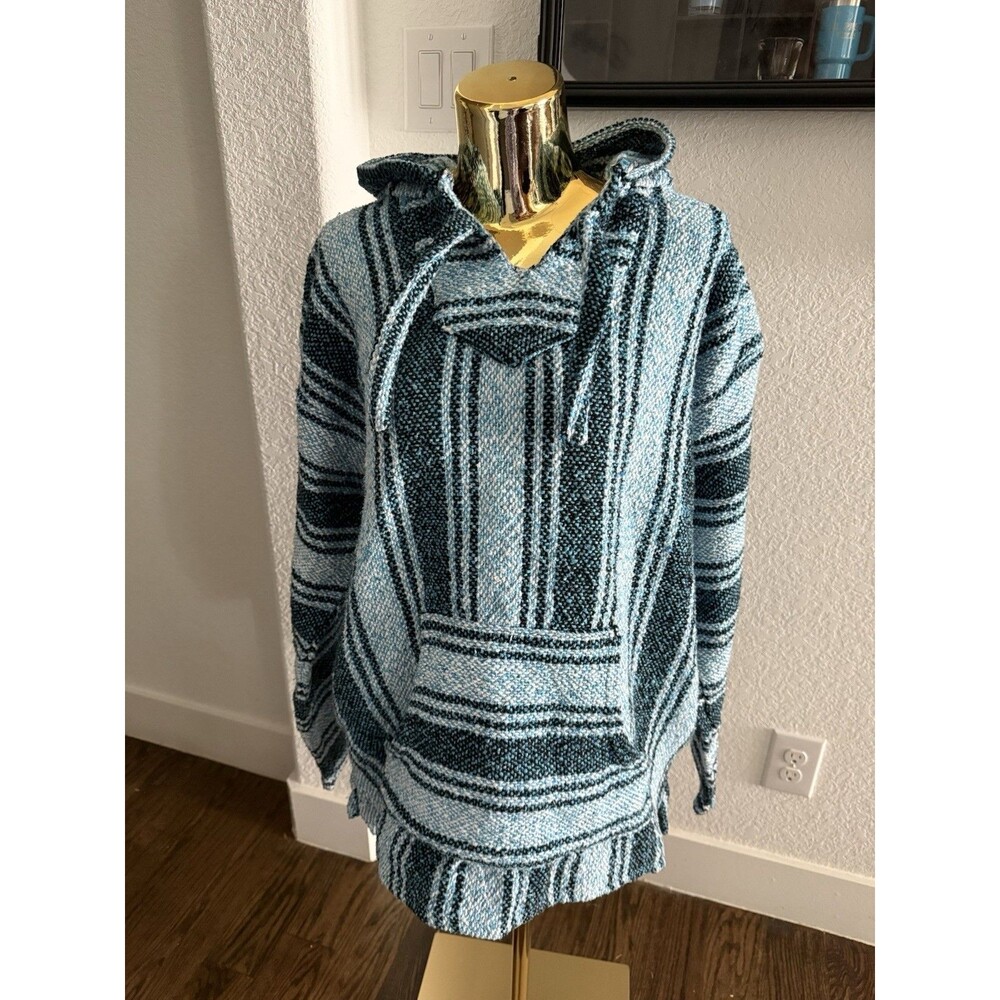 Franks Baja Hoodie Poncho Pullover Blue Black Striped Mexican Baja XL Adult
